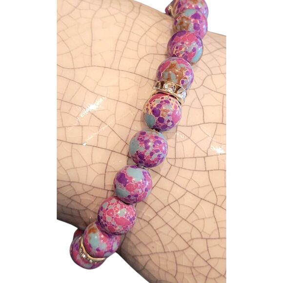 8mm Pink Genuine Round Bead Natural Stone Gold Crystal Rondel Stretch Bracelet - Picture 2 of 3